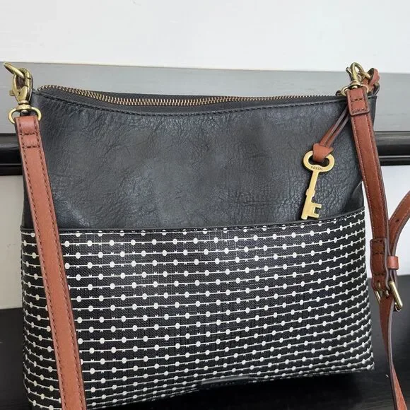 Fossil genuine leather waxed canvas crossbody shoulder handbag purse neutral - Picture 2 of 14